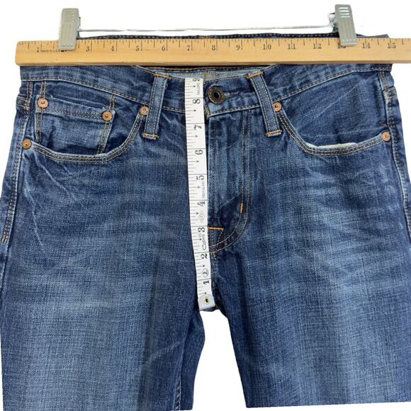 AEO Jeans Slim Straight Low Rise Men 30x29** Blue Fade Whiskers Stacks Casual - Picture 12 of 16